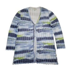 St.‎ John Sport Marie Gray Wool Cardigan Sweater Womens Sz L Blue Dyed Crochet